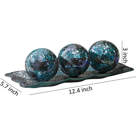 12.4" Glass Decorative Tray with 3pcs 3" Orbs for Living Room or Dining Table Centerpiece