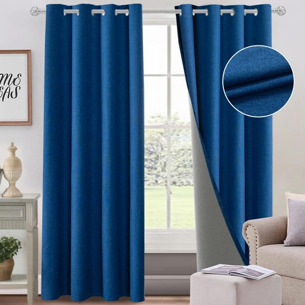 Lino Cortinas Blackout con Aislamiento Térmico, 100% Blackout y Ojal Superior Cortina para Recámara y Ventana de Sala, Capa Trasera de Revestimiento Gris, 2 Paneles, 132 x 241 cm, Azul