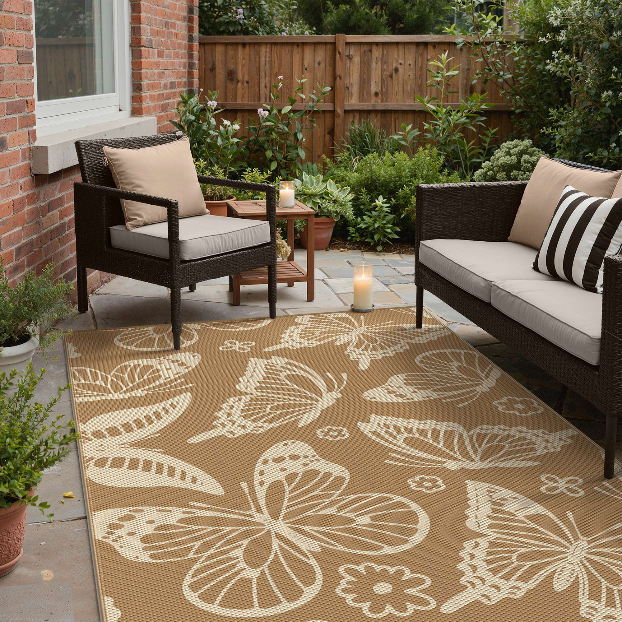 DEORAB 5'x8' Outdoor Rugs Waterproof Patio Reversible Plastic Straw Carpet Camping Outside Mat For Garden Balcony Camping Porch, Brown & Beige