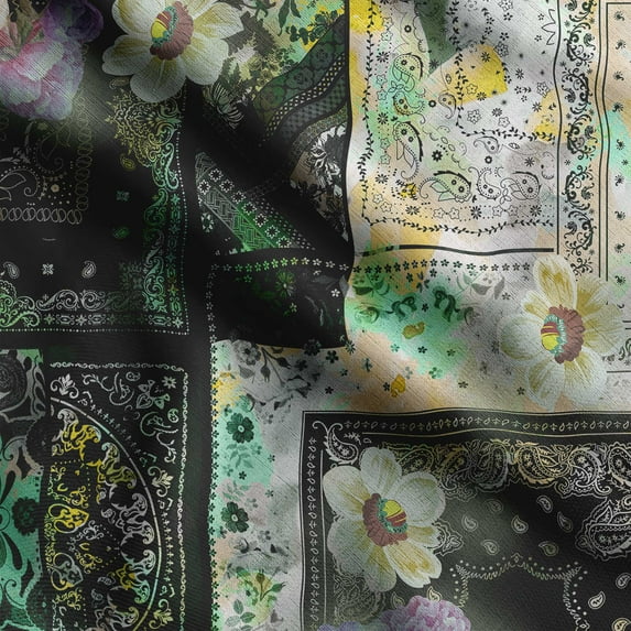 Soimoi Patchwork Printed, Poly Canvas Fabric, Decor Sewing Fabric by The Yard 56 Inch Wide,Decorative Fabric for Curtains Tote Bags, Dark Green & Yellow