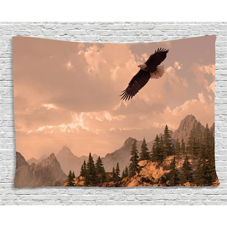 Bald Eagle Wall Decor Eagle Tapestry, Nature Photography of Rocky Mountains and Forest with a Bald Eagle Flying over It, Wall Hanging for Bedroom Living Room Dorm Decor, 60W X 40L Inches, Rose Green, by Ambesonne ()