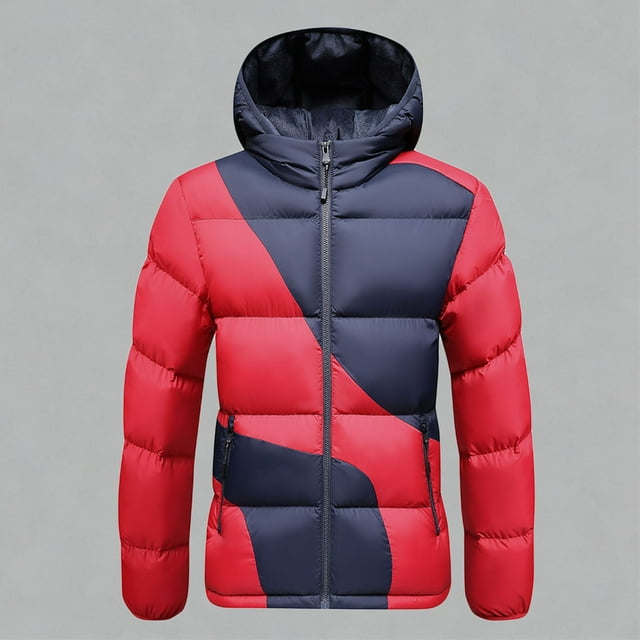 Handshe Men's Winter Parka, Hooded Thermal Cotton Coat with Pure Zipper Pockets, Slim Fit Ribbed Color Blocking for Cold Weather, Daily Wear and Outdoor Activities