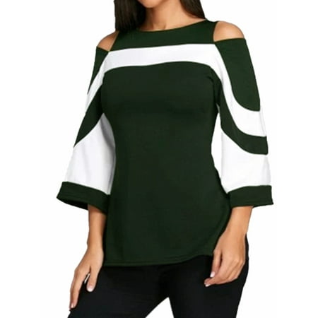 Blue Generation 3/4 Sleeve - Womens Slim Fit Crew Neck 3/4 Bell Sleeve Cold Shoulder Bodycon Tops