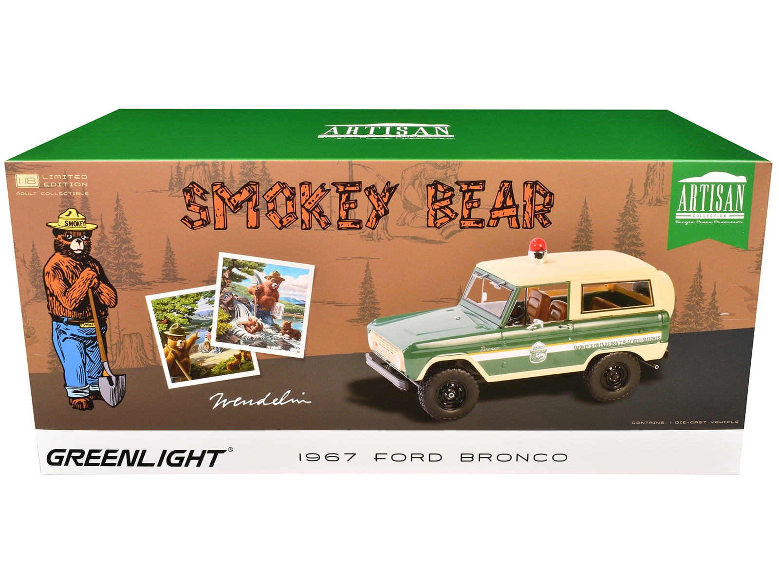 1967 Ford Bronco "Smokey Bear Forest Ranger" Green and Cream with White Stripes 1/18 Diecast Model Car by Greenlight