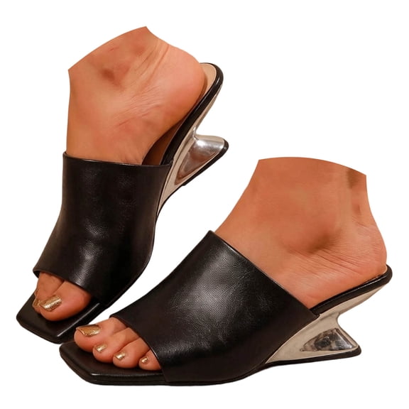 Rokment Metallic Geometric Wedge High Heels Square Toe Mules for Women Ladies 2026 Fashion Casual Leather Dress Slip on Backless Slides Sandals Summer Black Size 6