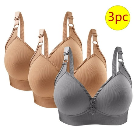 LYEAA Supportive Bras for Women Packs of 3 Push Up No Wire Bra Full Figure Lifting Adjustable Strap Everyday Bra Under Outfit Bra Solid Breathable T-Shirt Bra Sleep Bra Shapewear Bra Brown 40/90