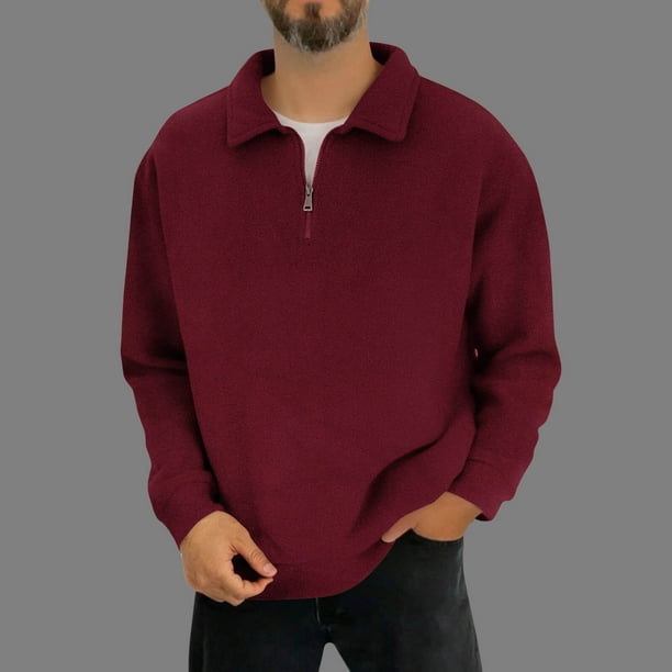 pstuiky camisetas de manga larga para hombre, Blusas casuales de color liso con cuello plegable y cremallera para hombre, de manga larga camisetas de hombre xl