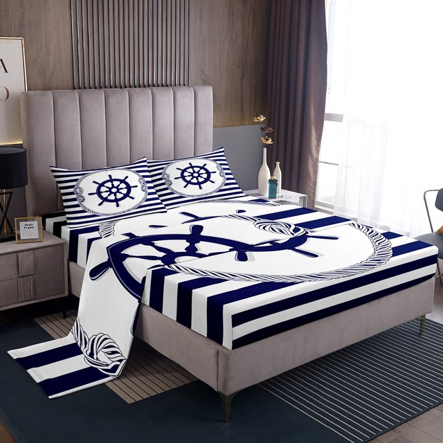 Erosebridal Blue Rudder Full Sheet Sets,Stripes Bedding Sets Full Size,Ocean Bedroom Decor,Lightweight,4 Pieces