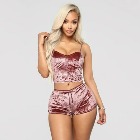 

Huachen New Women Deep V Sexy Lingerie Velvet Camisole Bow Shorts Set Bra Underwear