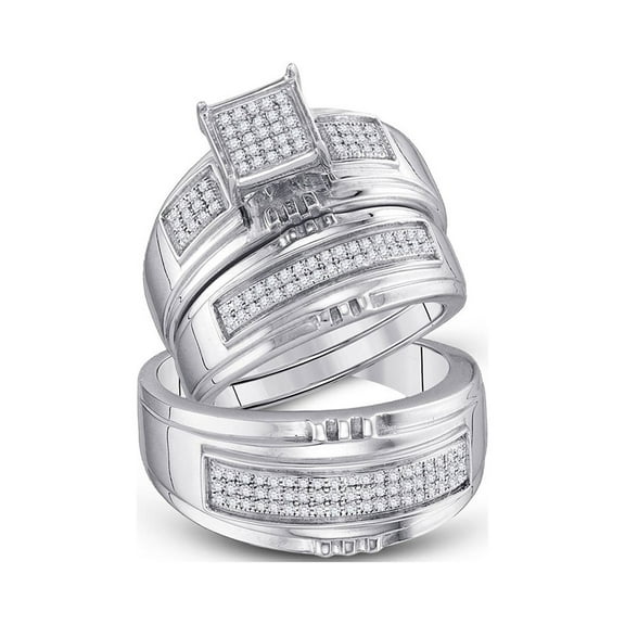 Sterling Silver His Hers Round Diamond Matching Wedding Set 3/8 Cttw