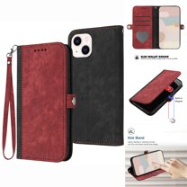 Mantto Wallet Case for iPhone 14 Plus, Premium PU Leather Luxury Soft Silicone Shockproof Anti-Drop Case with Kickstand Magnetic Button Wrist Strap Handbag Card Slots Holder Cute Folio Case,Red