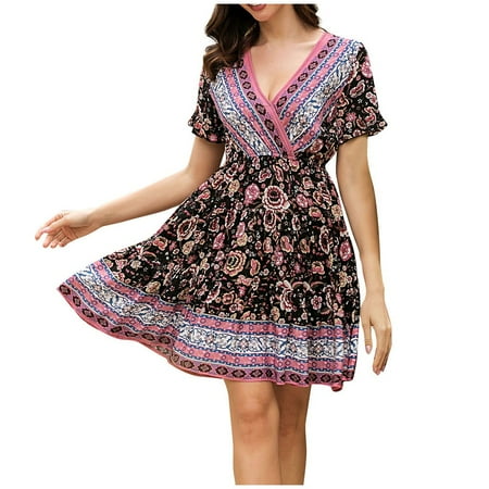 

Red Dress Pink Dress for Women Summer Women Sexy V-Neck Printed Ladies Short Sleeve Beach Leisure Dress Dresses for Women Midi Dresses for Women Summer Savings Clearance 2023 Black XL