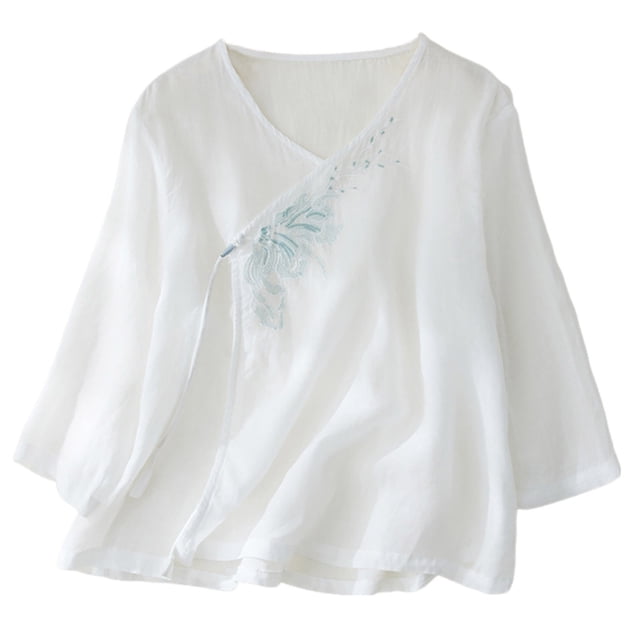 Birdeem Womens Summer Casual Solid Color Embroidered Loose Round Neck Three Quarter Sleeve Top