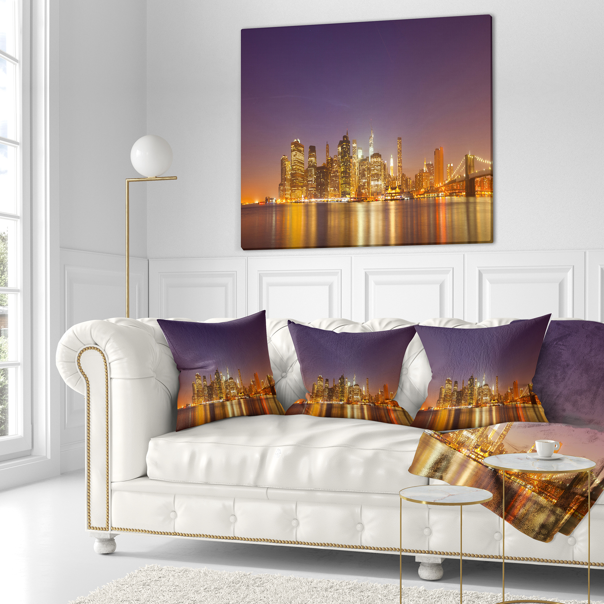 Designart Illuminated NYC Downtown Buildings - Cityscape Throw Pillow - 16x16