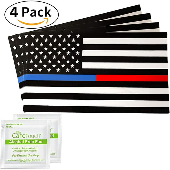Spy Spot Set of 4 American Flag USA Blue Line Support Law Enforcement Blue Lives Matter Red Line Support Firefighters Weatherproof UV Resistant 4" x 2.5"