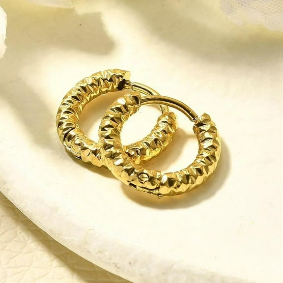 14K Gold Plated Stainless Steel Hoop Round Earrings Women Textured E24