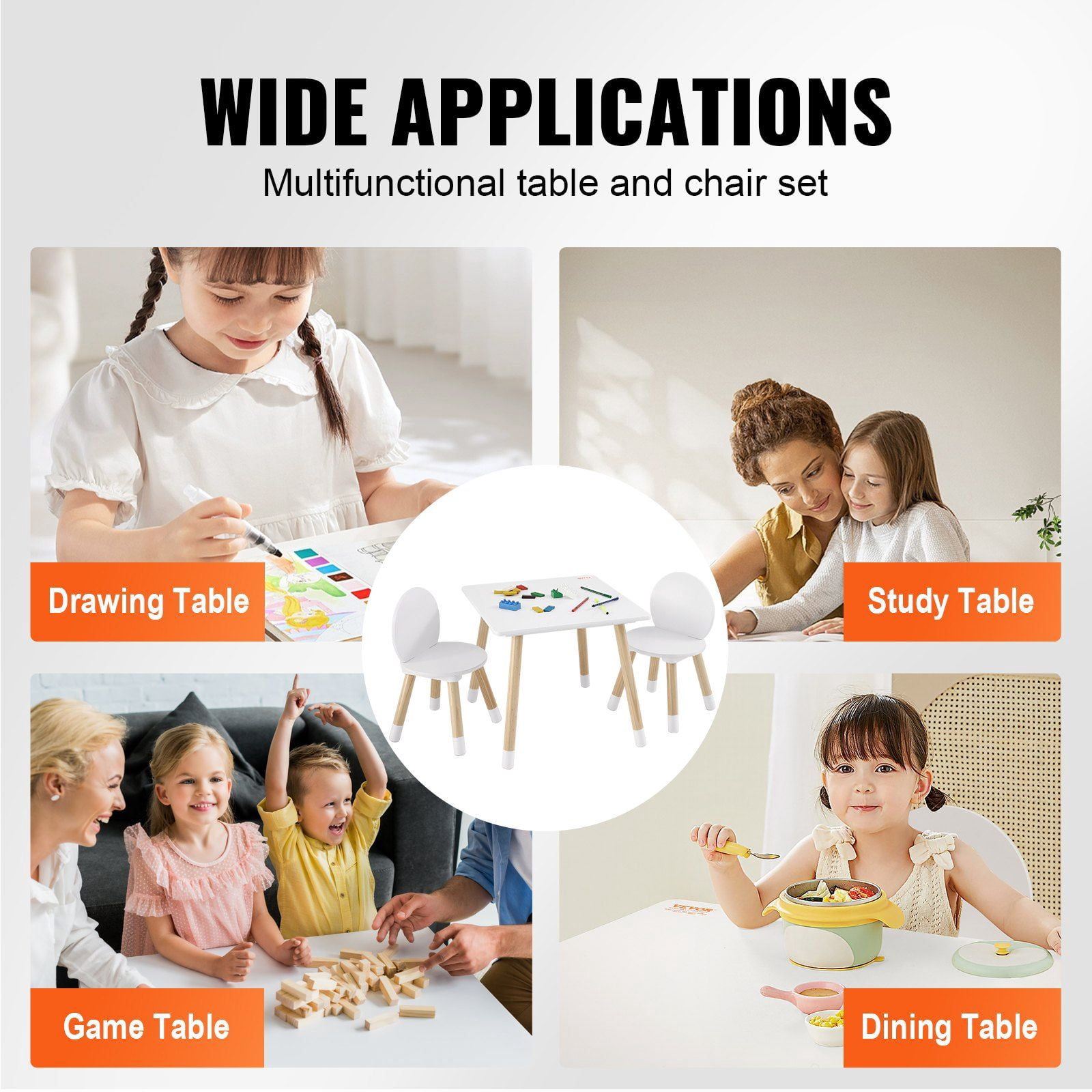 Kids Table and 2 Chairs Set for Ages 2–8, Solid Wood Legs, Curved Edge Design, Easy-to-Clean Surface, Multi-Activity Toddler Table for Drawing, Reading, Crafting, Playroom or Daycare Use