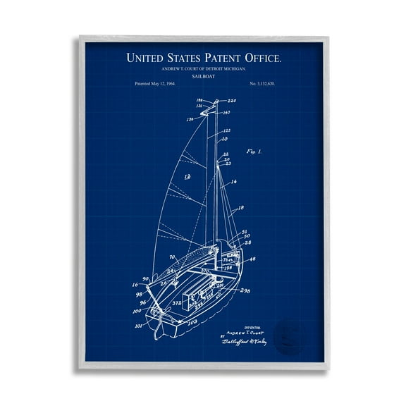Stupell Industries Sailboat Watercraft Blue Patent Office Diagram Blueprint Framed Wall Art, 11 x 14, Design by Karl Hronek