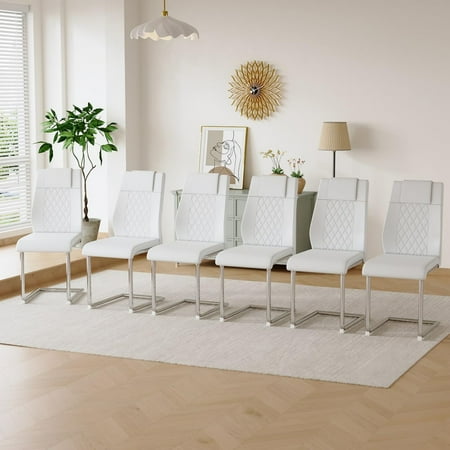 Sudica Upholstered Dining Chairs Set of 6 PU Leather Dining Room Chair with Silver Metal Legs,White