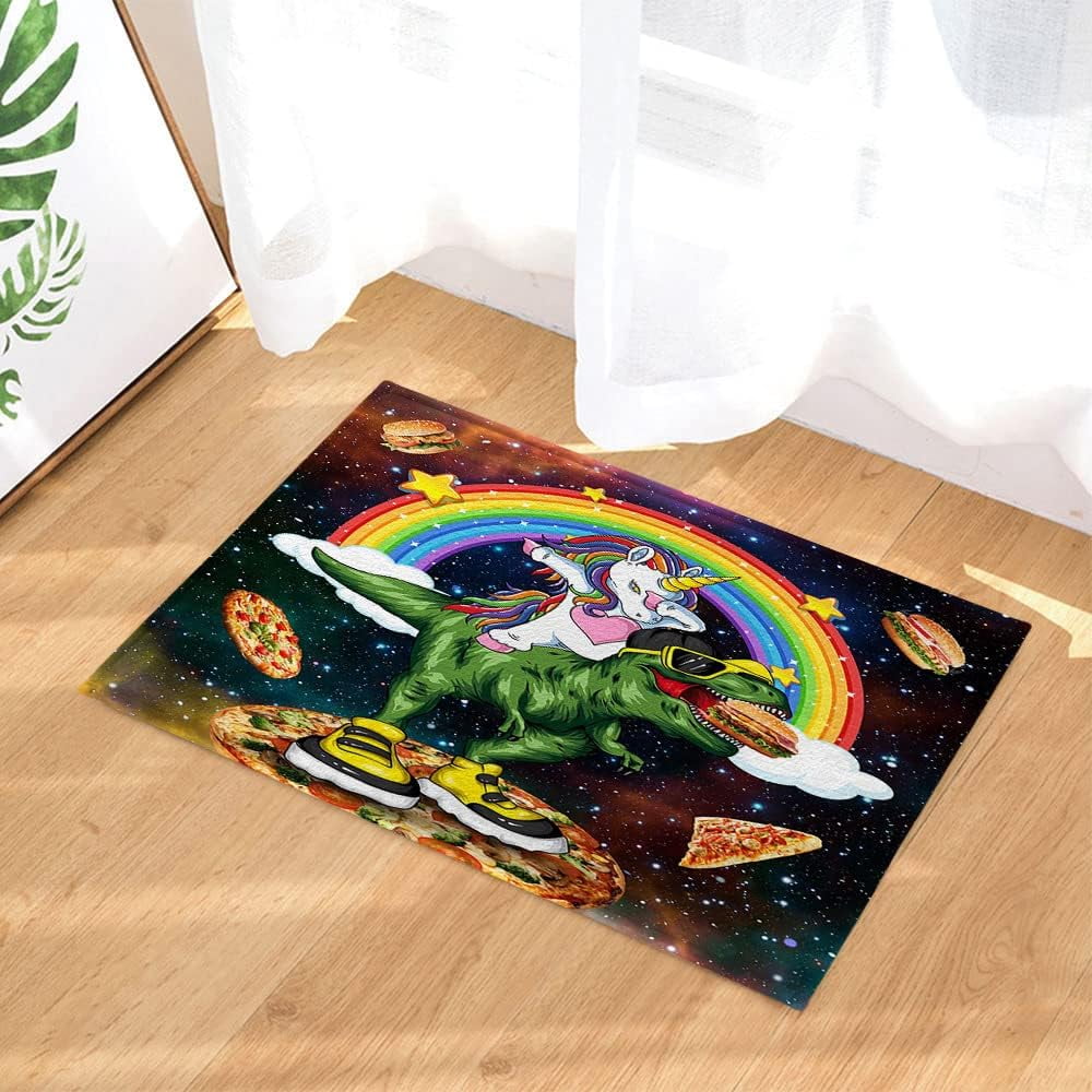 Cute Kids Shower Curtain Sets with Non-Slip Rug Cool Unicorn Riding Dinosaur Shower Curtain Set for Kids, Unicor Bathroom Decor for Kids