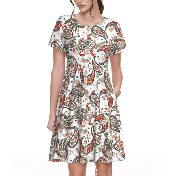 Fotbe Paisley Floral Vestido Largo de Moda para Mujer, Vestido Tipo Camiseta con Manga Corta y Estilo Casual a Rayas y Bloques de Color