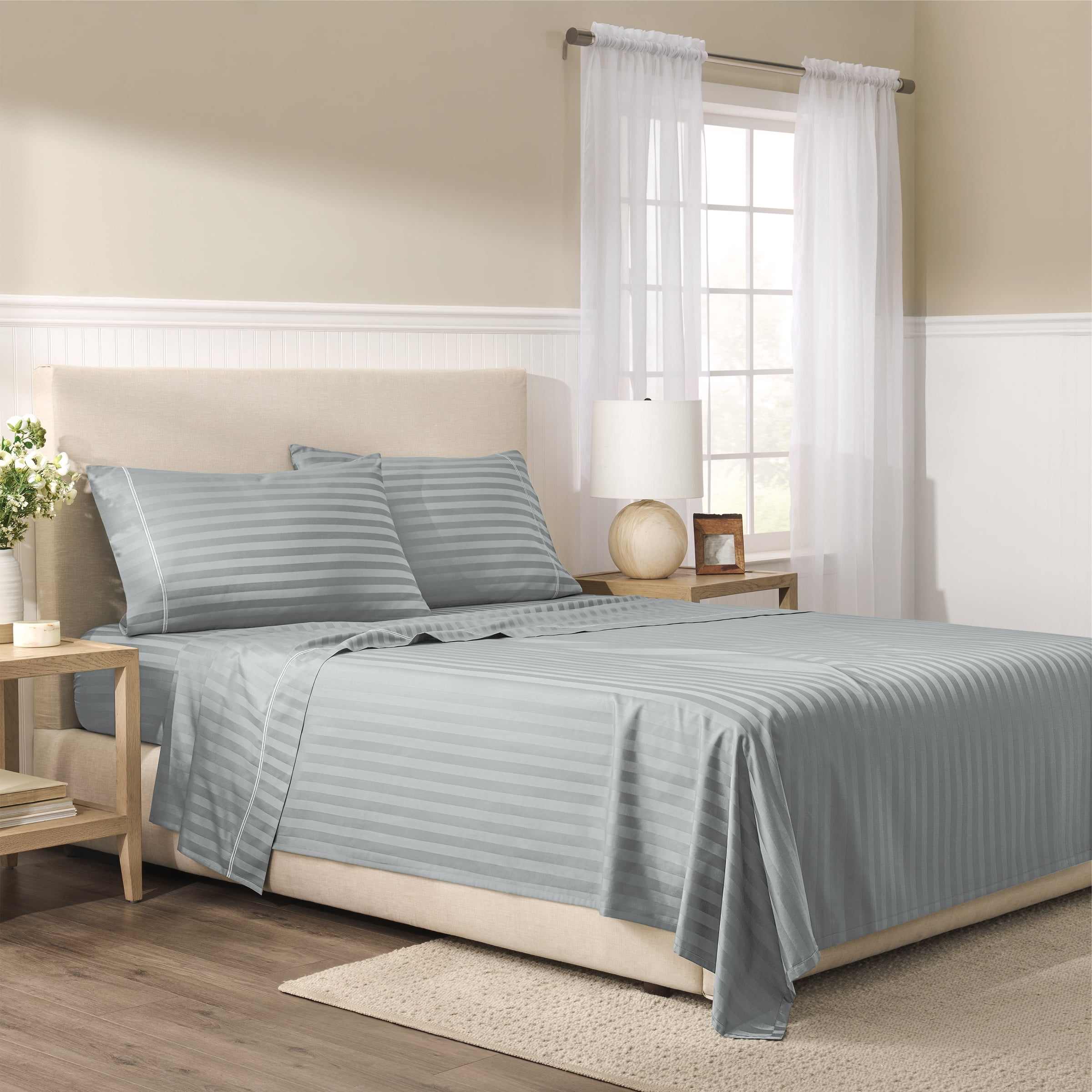 Wamsutta 1846 4-Piece 650 Thread Count Gray Flannel Stripe Egyptian Giza Cotton Sateen Bed Sheets, King-Deep Pocket