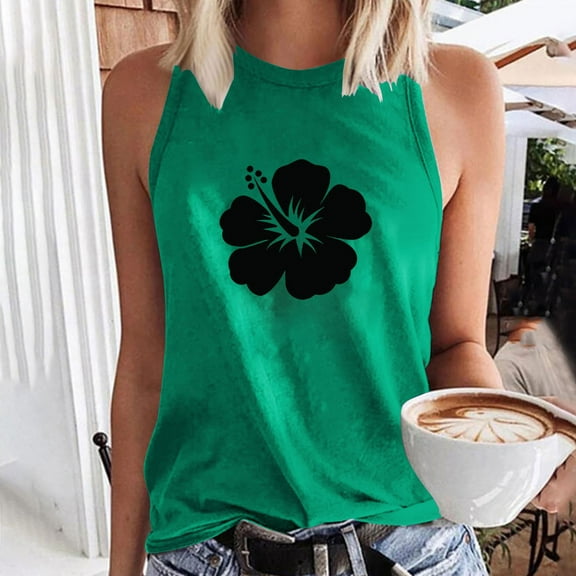 Aloohaidyvio Tank Tops for Women,Women's Summer Flower Print Basic Tank Tops 2024 Round Neck Soft Casual Loose Sleeveless Shirts