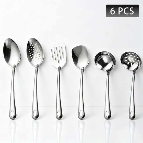 6-Piece Food Grade Stainless Steel Cooking Utensils Set, Metal Kitchen Necessities