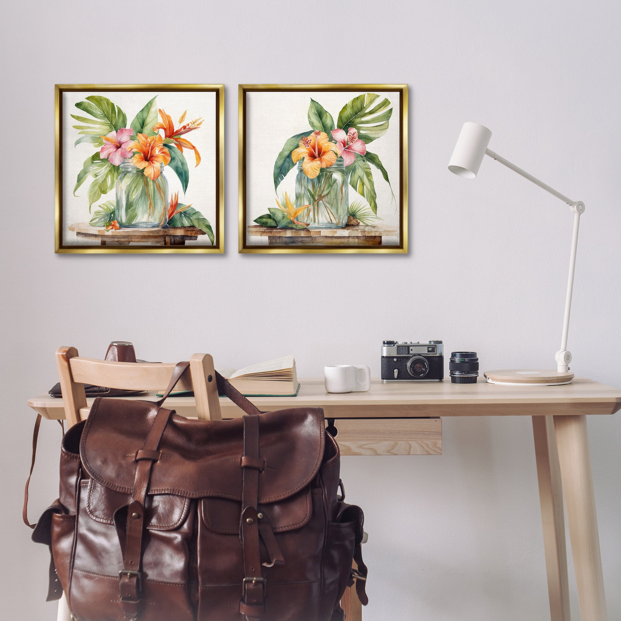 Stupell Industries Tropical Hibiscus Floral Jar Plants & Flowers Painting Gold Floater Framed Canvas Art Print Wall Art, 18 x 18, Set of 2