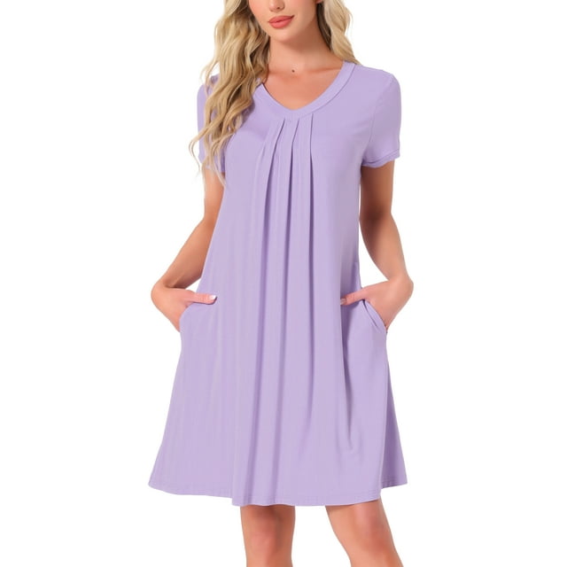 INSPIRE CHIC Camisón de Noche para Mujeres, Ropa de Dormir, Vestido de Lounge, Noche de Cuello en V, Manga Corta, Camisones S Color Púrpura Claro