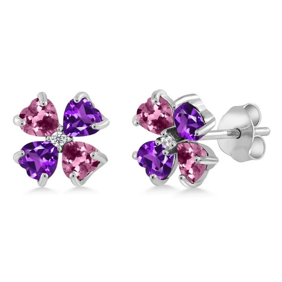 Gem Stone King 925 Sterling Silver Pink Tourmaline and Purple Amethyst Earrings for Women | 1.75 Cttw | Gemstone October Birthstone | Heart Shape 4MM