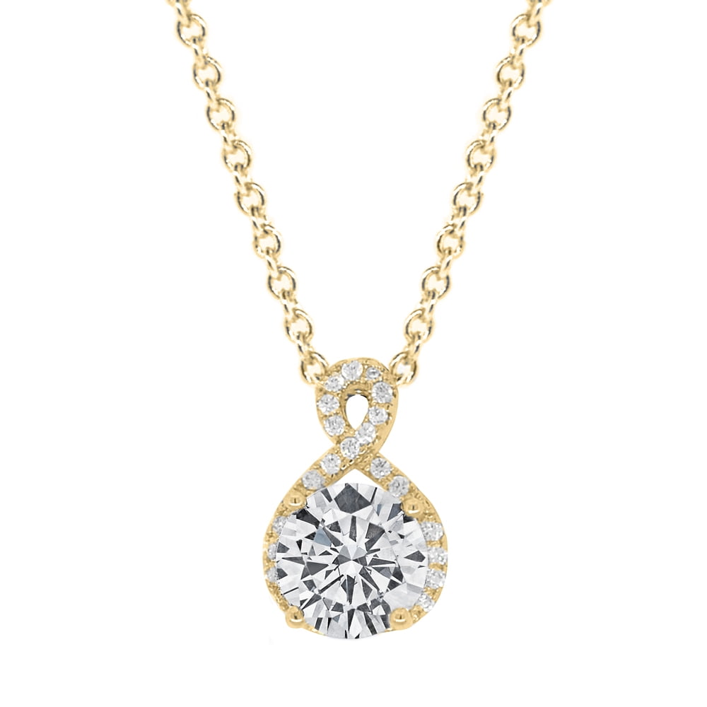Round Cut CZ Halo Gemstone Pendant Necklace 14K White Gold Plated Brass 