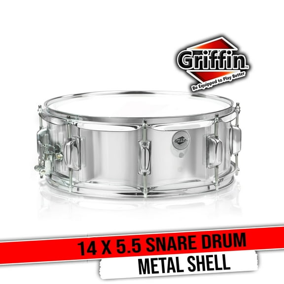 Griffin Metal Snare Drum - 14" x 5 - 5" Steel Chrome Shell - 8 Tuning Lugs & Snare Strainer Percussion Hardware Musical Instrument with Drummers Key for Students & Professionals