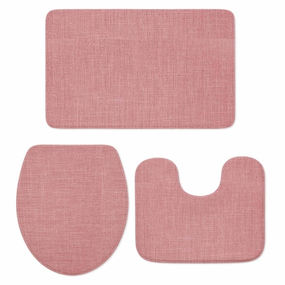 Peach Pink Linen Bathroom Rugs Set Farmhouse Pure Color Country Farm Non Slip Absorbent Soft Bath Mats 3 Piece Set with Bathroom Rug, U-Shaped Floor Mat, Toilet Seat Cover Large Size