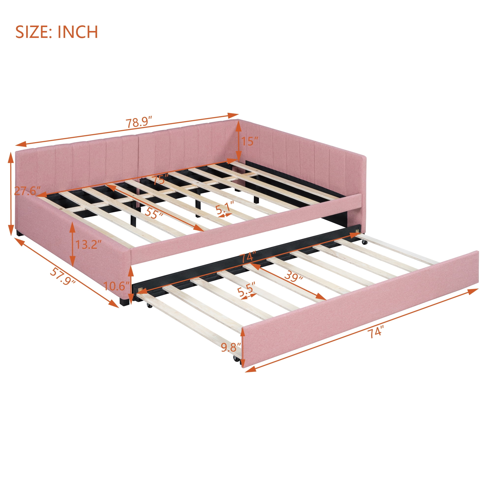 Aukfa Full Size Daybed with Trundle Bed, Upholstered Sofa Bed Frame, Pink