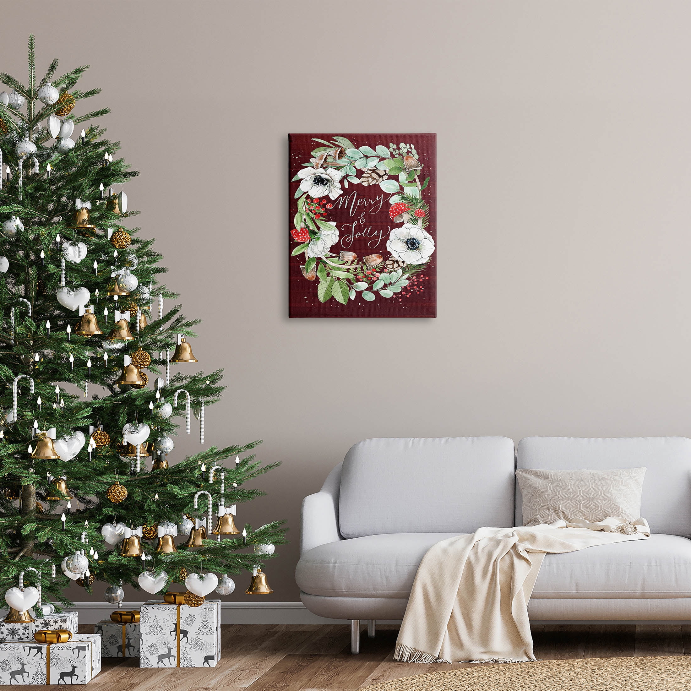 Merry & Jolly Seasonal Mushroom Wreath Holiday Graphic Art Gallery Wrapped Canvas Print Wall Art