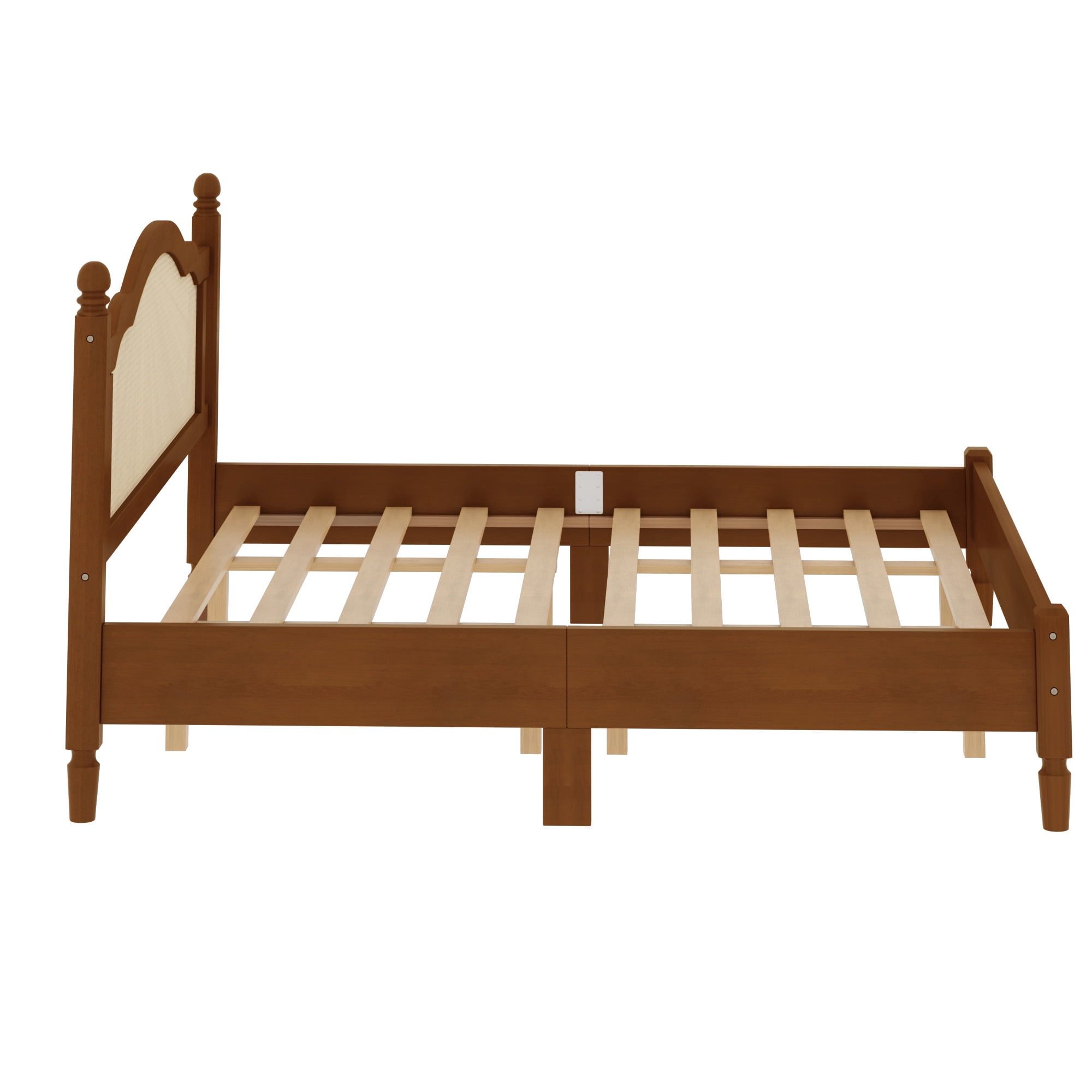 Euroco Wood King Size Platform Bed with Rattan Headboard, Vintage Bed Frame, Walnut