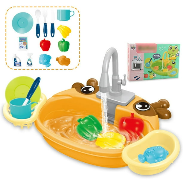 Bewildely Juguetes para niños, lavabo eléctrico de dibujos animados para una divertida experiencia de aprendizaje, grifo que puede liberar Juguetes amarillo
