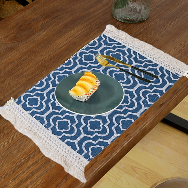 Meitianfacai Napperons Serviettes Nouveaux Épais en Coton et Lin avec Pompon Napperons Napperons Isolés Beaux et Pratiques Napperon Isolant de Table, Bleu
