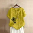 thumbnail image 2 of Holzkary Cotton Linen Dandelion Shirts for Women Summer Beach Short Sleeve Casual Loose Comfy Boho Gauze Blouses Tunic Tops Cotton Linen Shirts Summer Blouse Oversized Loose Ladies Tops Yellow 5Xl, 2 of 6