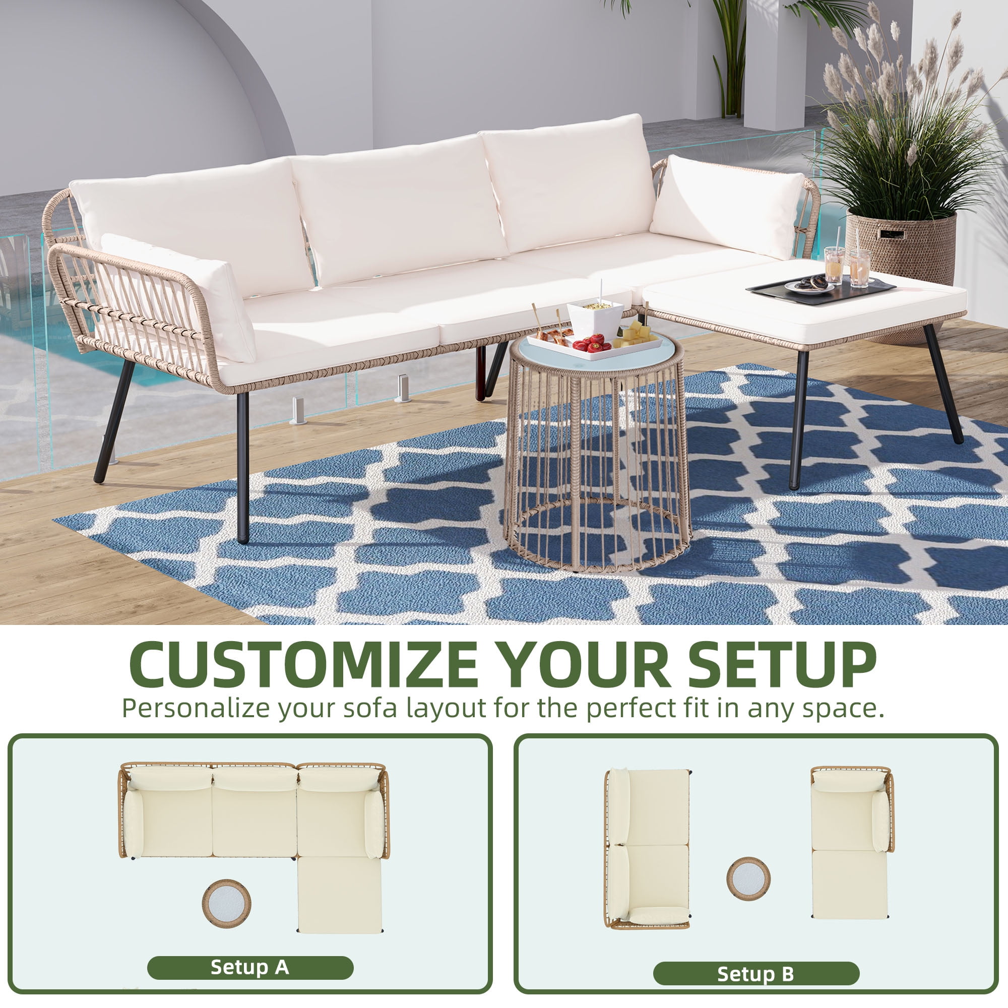 Uforic 3-Piece Outdoor Woven Rope Sectional Sofa Set Patio Furniture, L-Shaped Conversation Set w/ Table - Beige