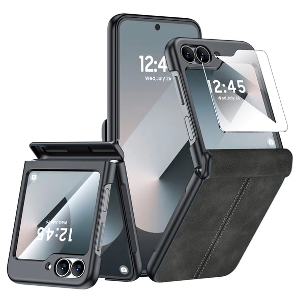 Oupeigar para Samsung Galaxy Z Flip 6 Funda de Teléfono con Protección de Bisagra y Protección de Pantalla, Cubierta de Cuero Ultradelgada a Prueba de Golpes - Negro