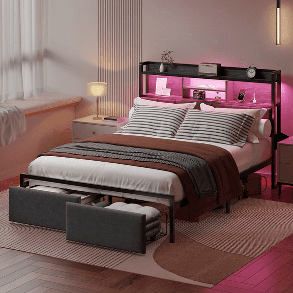 Satifur Full LED Bed Frame with Upholstered Storage Headboard & Drawers, USB Ports, RGB Lights and Under Bed Storage