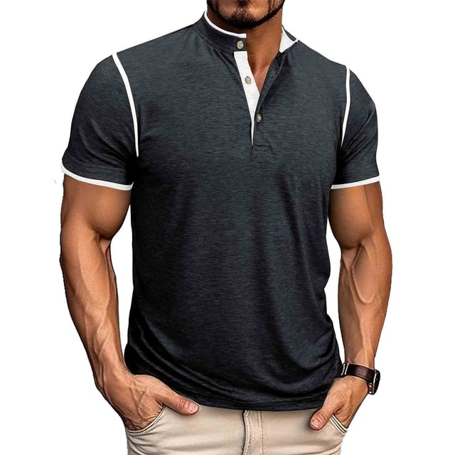 Ceisia Men's Slim Fit Stretch Stand-Up Collar Short Sleeve Shirt - Solid Color with Contrast Trim Dark Gray M Gifts