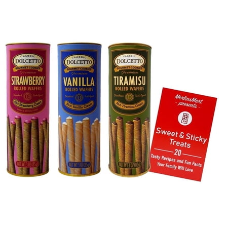 Dolcetto Premium Cream Filled Rolled Wafers | Gourmet Cookies Baked 3 Flavor Variety (1) Strawberry, Vanilla, Tiramisu (3 Ounce )   MerlinsMart Zine