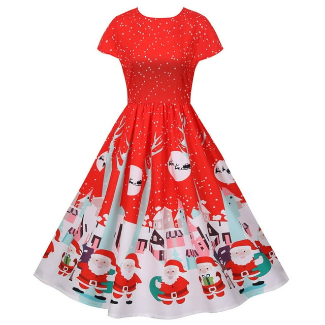 Vestidos Para Mujer Vestido de Navidad Cuello Redondo Manga Corta Vestido de Fiesta Vestido Vintage Odeerbi ODB172450