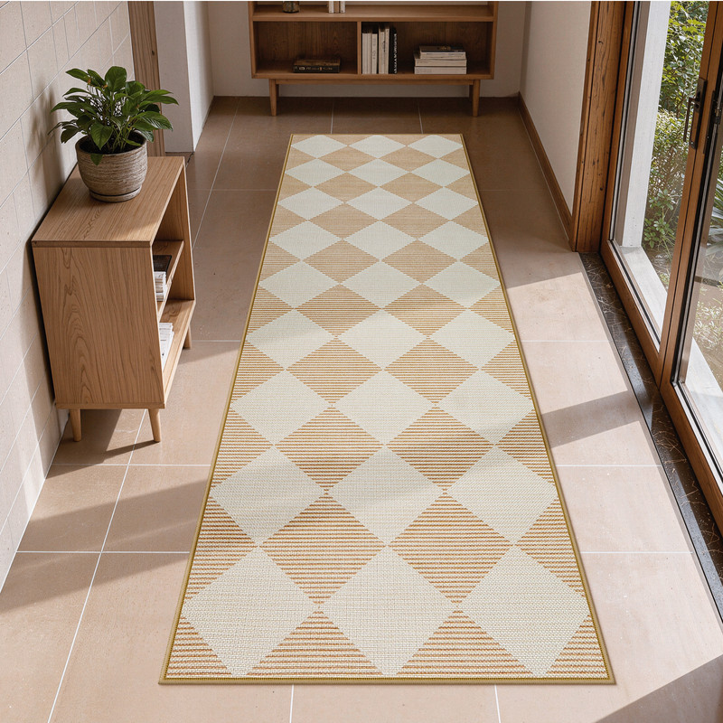 SUNDEREY 2'6''x8' Easy Jute Rugs for Hallway Entryway, 2.5x8 Non-Slip Washable Kitchen Rugs, Modern Checkered Hallway Rug, Farmhouse Neutral Soft Low Pile Carpet for Bedside Entry Front Door, Beige