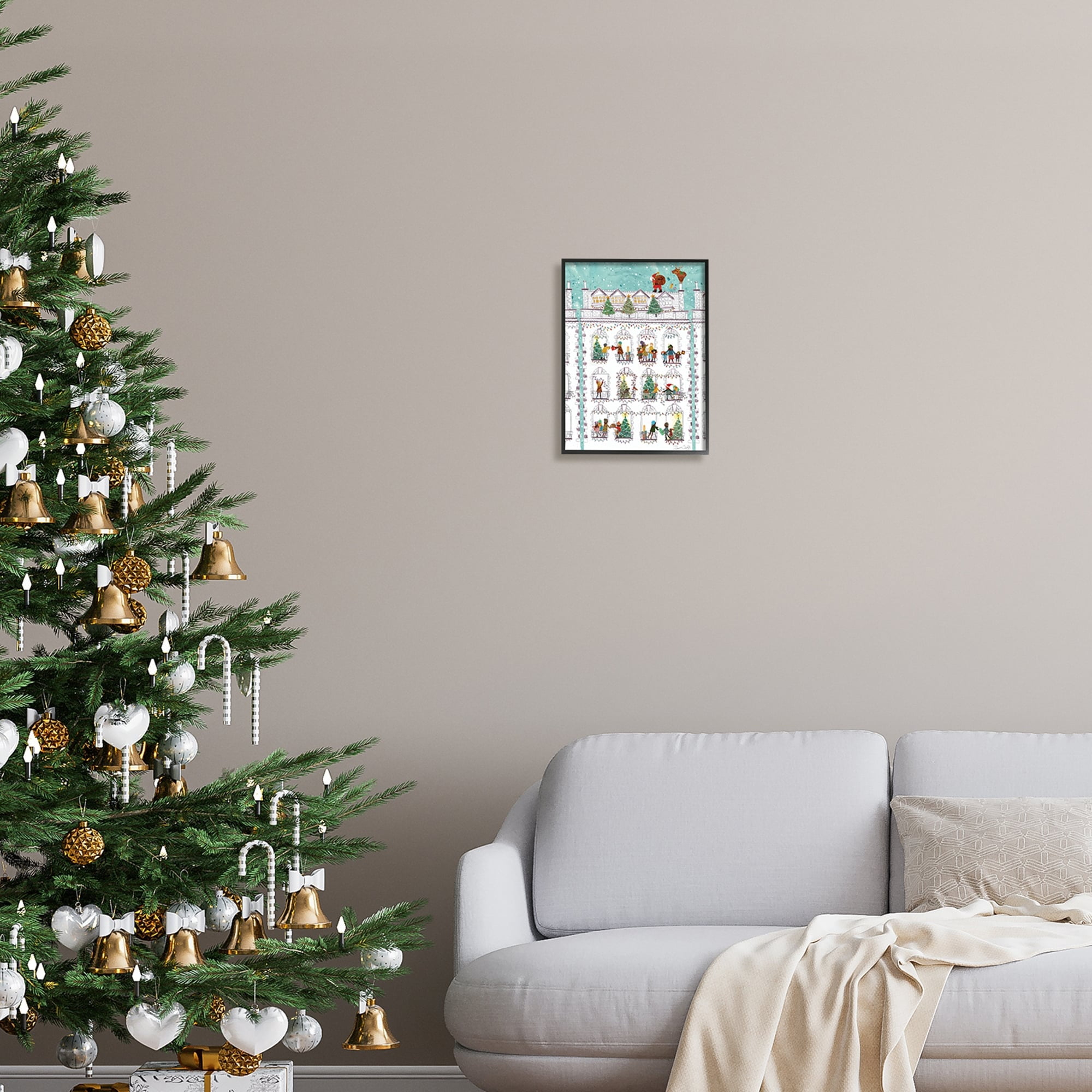 Stupell Industries Santa Claus Gifts City Rooftop Holiday Painting Black Framed Art Print Wall Art