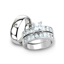 His and Her Stainless Steel 3pc Princess Wedding Ring Set and Men's Classic Band Women's Size 09 Men's 06mm Size 06