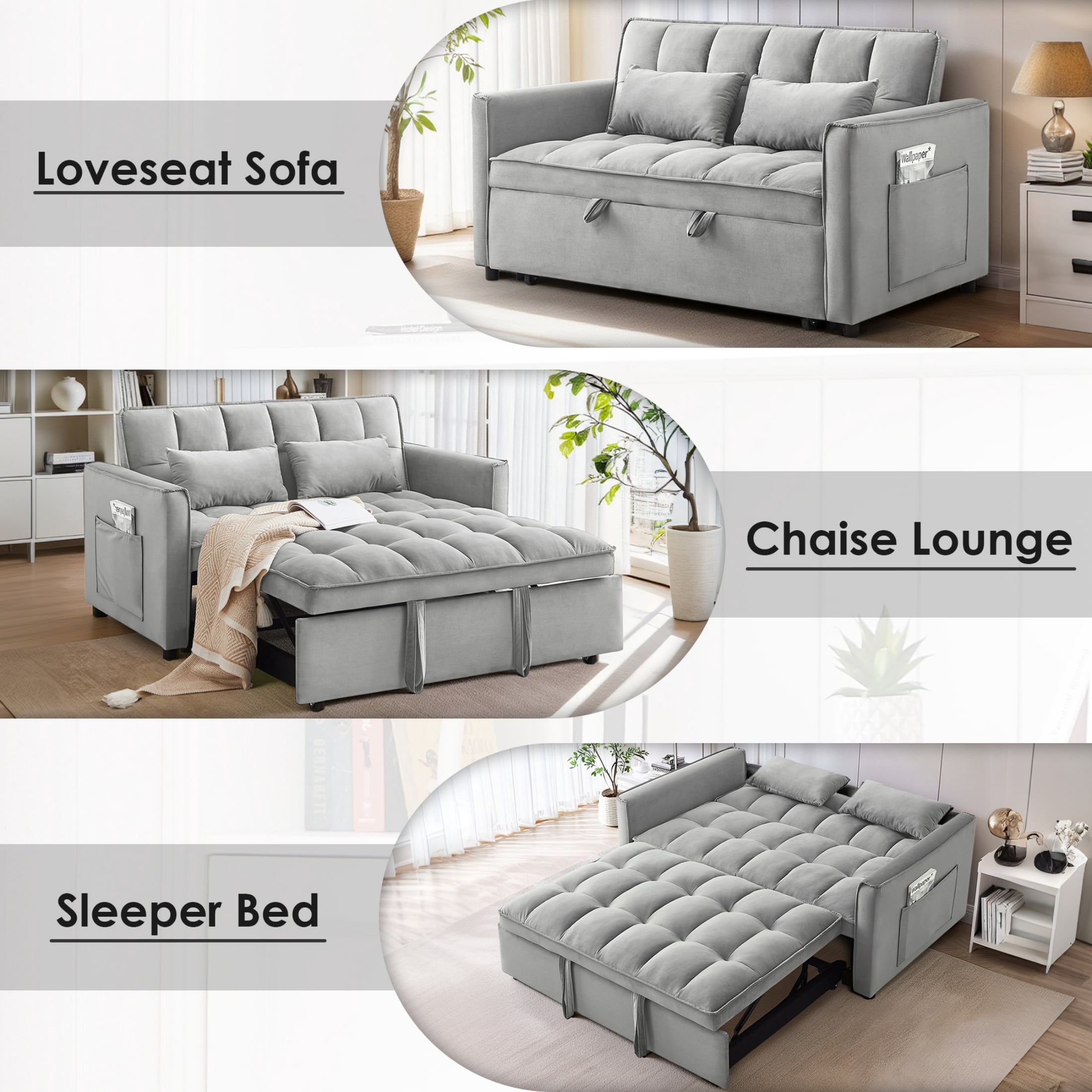 Anpport 3-in-1 Convertible Sleeper Sofa Bed, Pull-Out Loveseat Couch with Adjustable Back, Velvet Fabric, 55", Gray